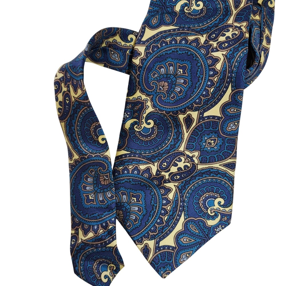 Wembley Mens Pure Silk Paisley Tie Blue Yellow Tan Classic Formal Necktie